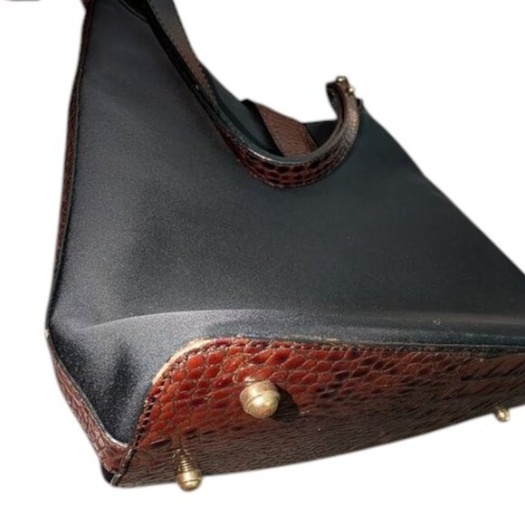 Vintage Brahmin Solid Dark Nylon Croc Style Leather Handle Accents Shoulder Bag - Picture 16 of 16